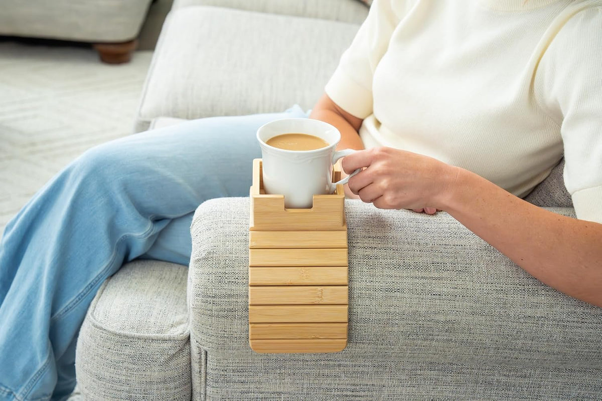 Bamboo Couch Armrest Table, Sofa Arm Tray, Cup Holder & Snack Tray - Image 7