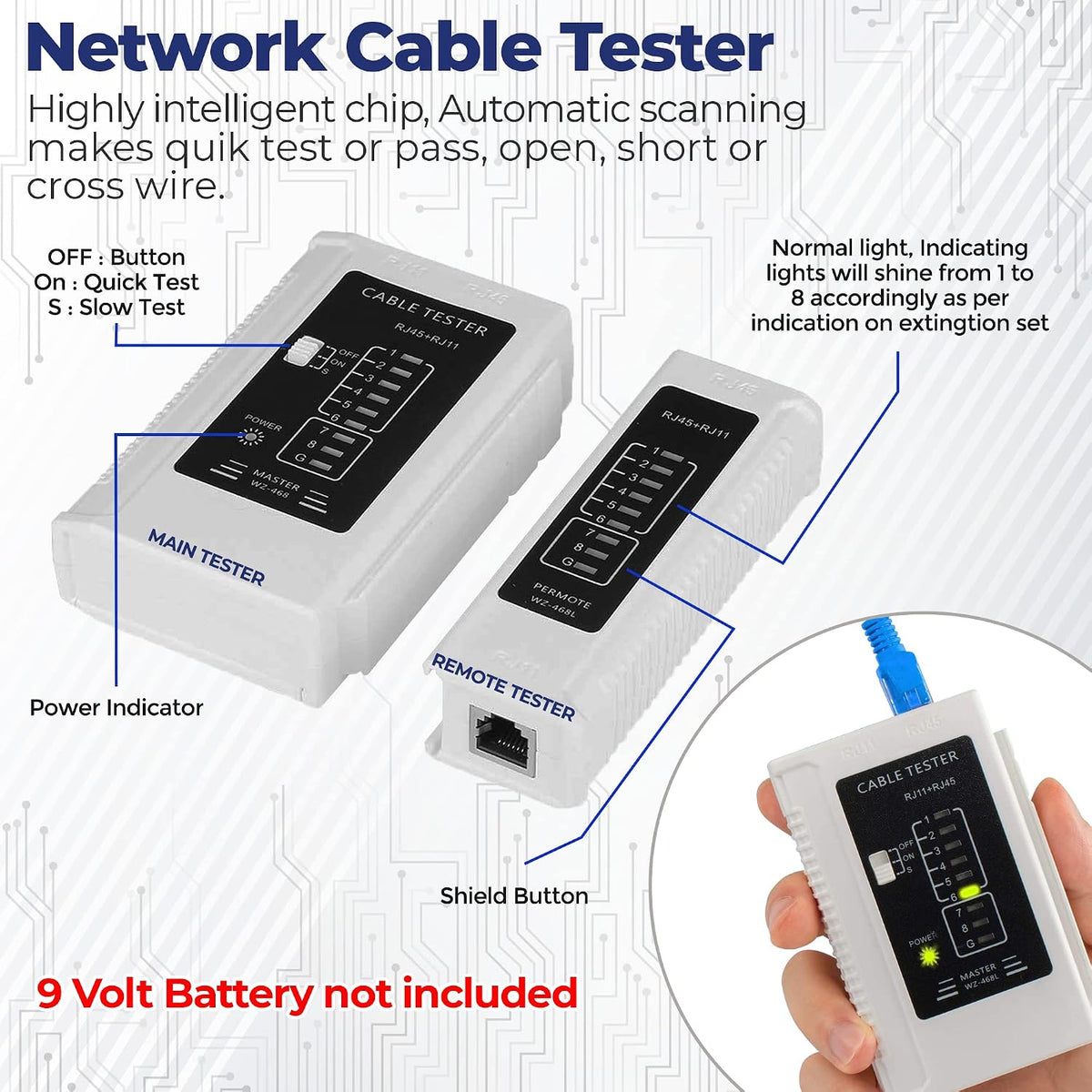RJ45 Pass Through Crimp Tool Kit for Cat5, Cat6 termination including Ethernet Cable Tester(9V battery not included) plus 20 pcs Cat6 pass through Connector plugs - Image 5