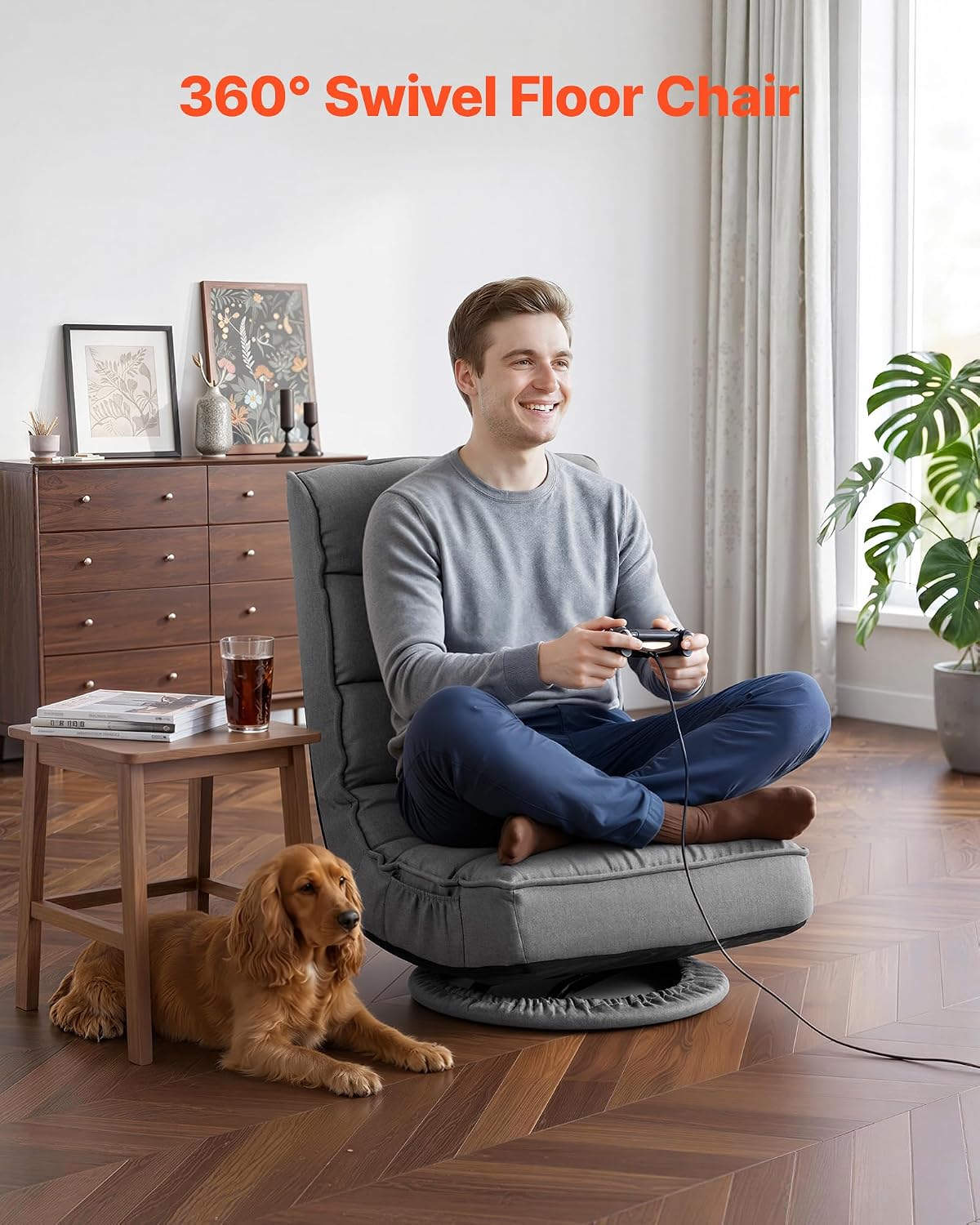 VEVOR Swivel Floor Gaming Chair, 360-Degree Rotating Floor Chair with 4 Adjustable Position Folding Backrest, Metal Frame with Recycled Foam and Linen Fabric, for Watching TV, Reading, Relaxing, Gray - Image 2