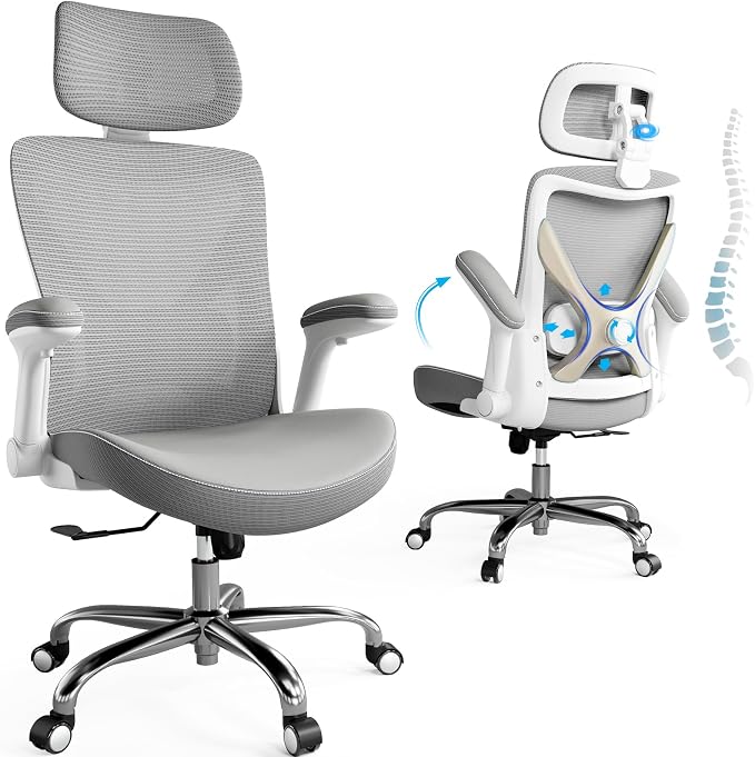 Ergonomic Office Chair:Home Office Desk Chairs with Headrest Lumbar Support | Ergalithic Ergonomic Desk Chair X-Shaped Mesh PU Leather Executive Computer Chair High Back Flip-Up Arms for Long Hour(W-G) by Ergalithic