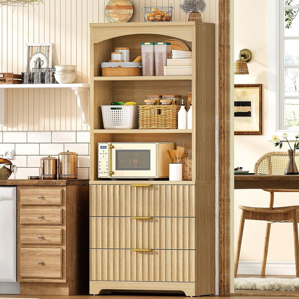 63.3" Tall Bookshelf, Bookshelves and Bookcases with Drawers, Arched Design Bookcase with Storage Cabinet, Natural Wood Grain Wave Pattern Storage Shelves for Living Room, Bedroom,Office - Image 9
