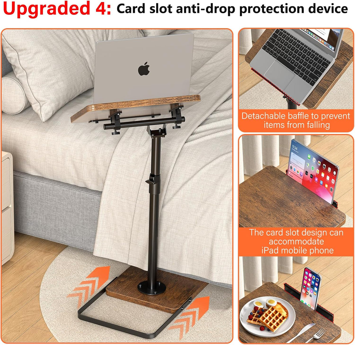 TV Tray Table for Couch, Height Adjustable/360° Swivel/180° Flip-Over Panel Design C-Shaped End Table, Sofa Arm End Side Table with Phone & Tablet Slot for Eating, Laptop,Couch Bed (Vintage Brown) - Image 5