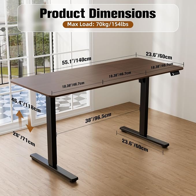 55"x24" Standing Desk, Height Adjustable Sit-Stand Home Office, Walnut | Electric Adjustable Standing Desk, Sit to Stand Computer Office Desk with Splice Board, Memory Preset, Lifts 28''-46.5" - Image 3