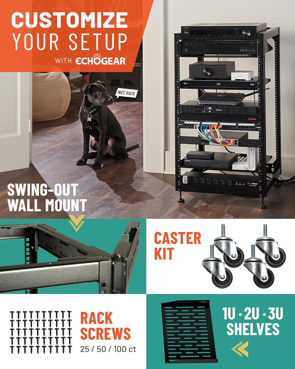 ECHOGEAR 20U Open Frame Rack w/Optimal Air Flow, DIY Assembly, 20.4” Depth - Image 7