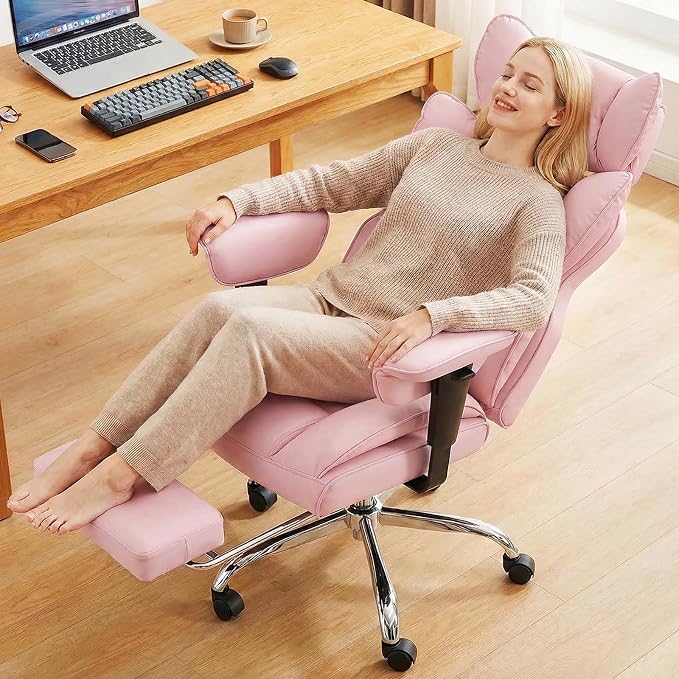 DUMOS Big and Tall Home Office Desk Chair, Executive Chair with Footrest | PU Leather, Ergonomic Comfy Lumbar Support, High Back Reclining, Adjustable Armrests, Pink - Image 9