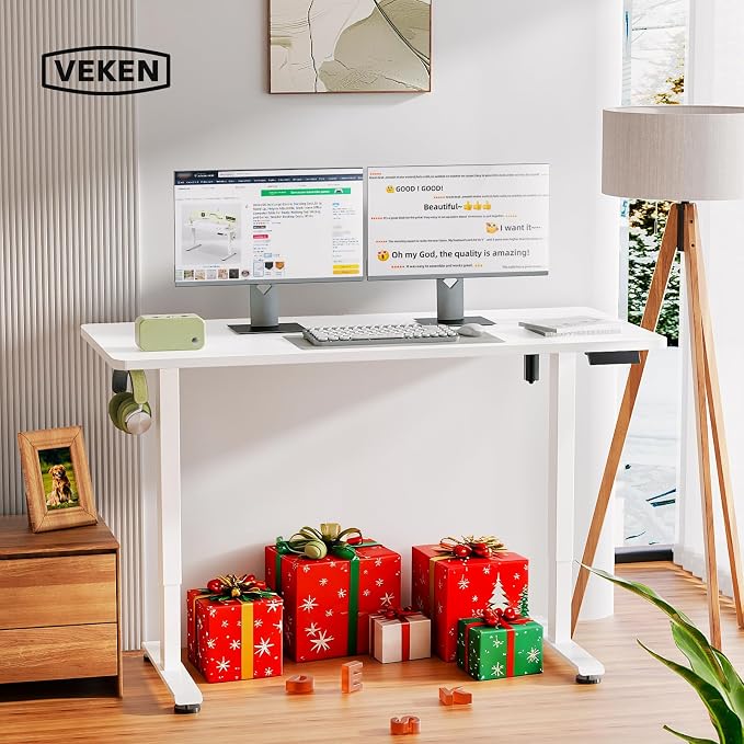 Veken 55 Inch Large Electric Standing Desk, Gaming Table, White | Height Adjustable Sit Stand Up Computer Tables for Home Office, Study , Writing, Suit students, employees and group work - Image 2