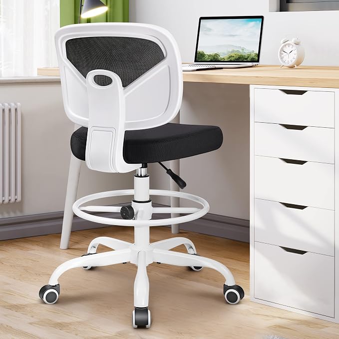 Armless Mid-Back Ergonomic Standing Desk Chair - Mesh Rolling Tall Chair, Adjustable Height and Footring, Art Room, Office or Home (White) - Image 2