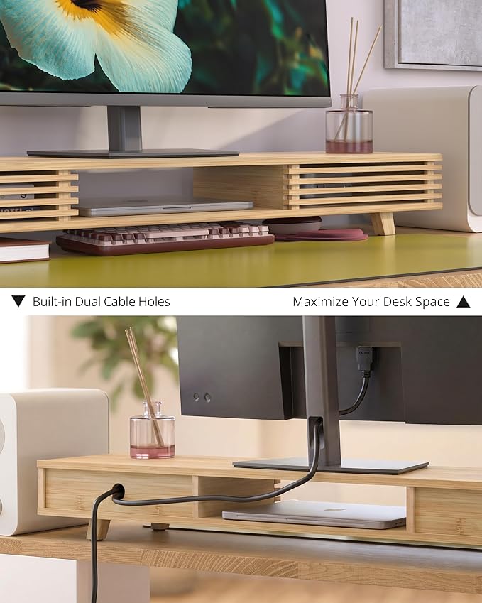 Bamboo 42” Dual Monitor Stand with Sliding Doors Desk Shelf | Ergonomic Relief Easy Assembly Solid Construction Cozy Workplace Computer Setup Desk Organizer High Load-bearing - Image 4