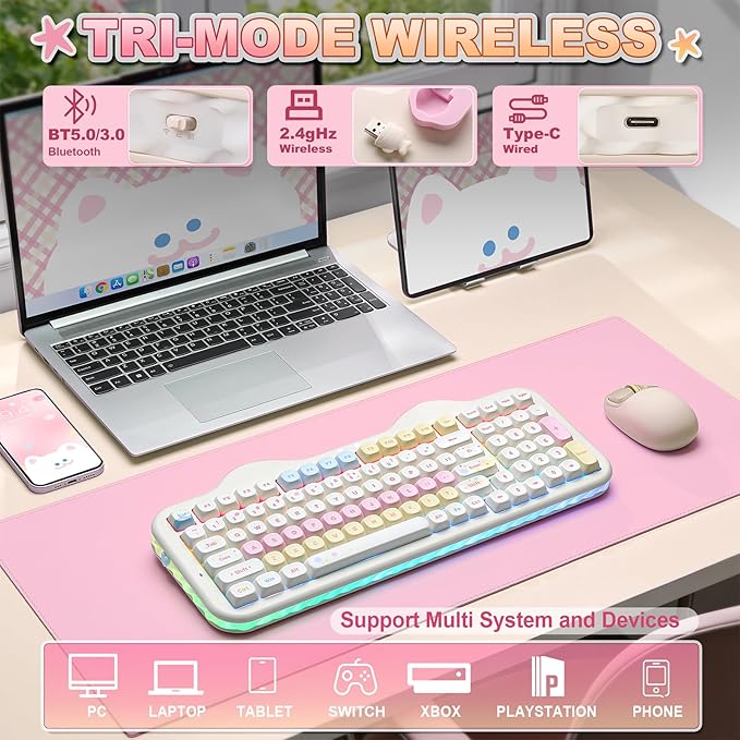YUNZII C98 Cute Cake Wireless Mechanical Keyboard(Beige, Milk Switch) | 99 Keys with Number Pad, Hot Swap, PBT MOA Keycaps, BT5.0/2.4G/USB-C, Gasket Mount, Custom RGB Backlit for Win/Mac - Image 3