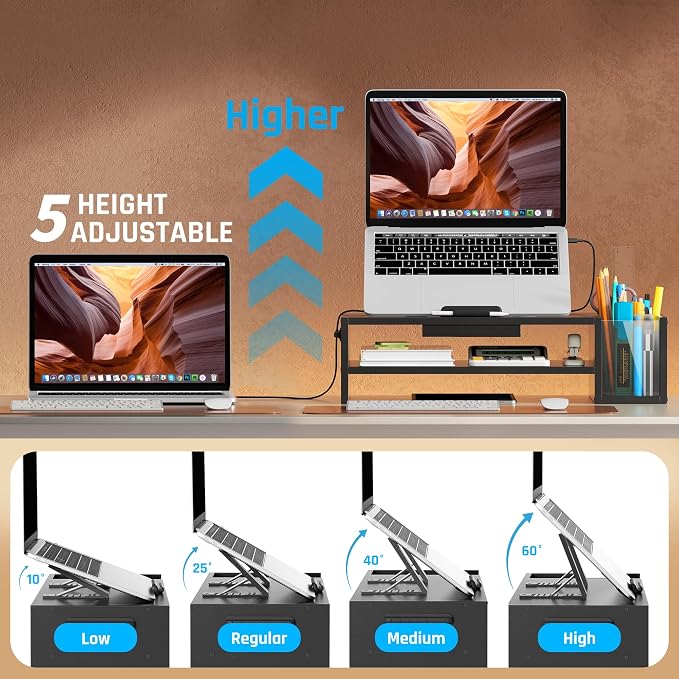 AFOOYO Adjustable Wood Laptop Stand, Ergonomic Height & Angle Computer Riser with Pen Holder – Compatible with MacBook Air/Pro, Dell, HP, Lenovo & 10-17.3" Notebooks – Black - Image 2