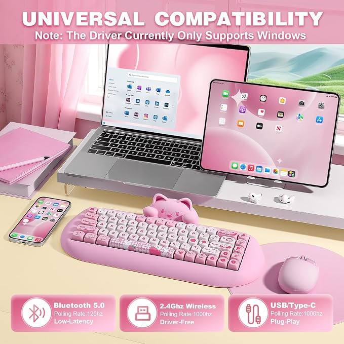 YUNZII C68 Silicone Cute Cat Mechanical Keyboard (Pink, Milk Switch) | Wireless Triple Mode BT5.0/2.4G/Wired, RGB Backlit NKRO, Cute Cat Silicone Ergonomic Design for Win/Mac - Image 3