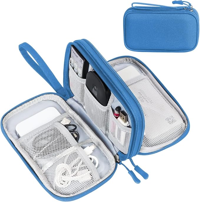 FYY Electronic Organizer, Travel Tech Pouch Bag, Medium, Cyan | Wrist Strap, Waterproof, Double Layers Portable Electronics Travel Carrying Case for Cord, Charger, Daily Business Trips Use by FYY