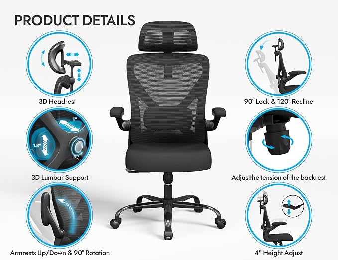 Ergonomic Office Chair: Mesh Desk Chair Comfy with Headrest& Lumbar Support | Ergalithic Big and Tall Office Chairs with Wheels & Flip-Up Arms-Computer Gaming Chairs for Adults Home Office (Full Black) - Image 5