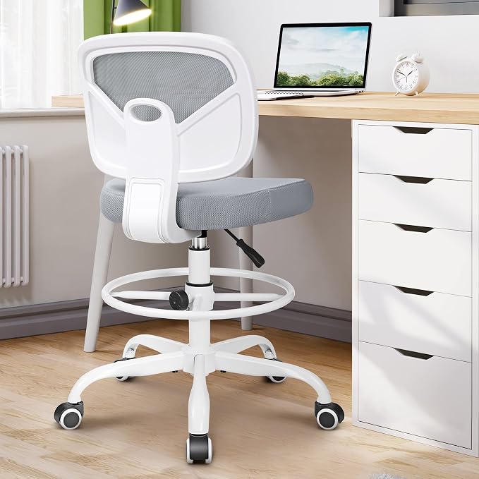 Armless Tall Desk Chair, Adjustable Height and Footring, Mid-Back Ergonomic Standing Desk Chair Mesh Rolling Tall Chair for Art Room, Office or Home (Gray) - Image 2