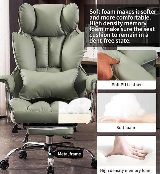 Efomao Big and Tall Office Chair 400lbs - Executive Office Chairs with Footrest, Heavy-Duty PU Leather Computer Chair for Heavy People, Light Green Home Office Desk Chairs | 400lbs support, 135° recline, dual-layer foam cushion, 23.5" seat & footrest. ... - Image 5