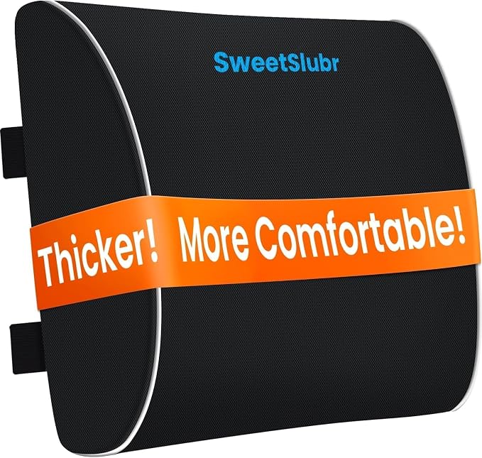 SweetSlubr Lumbar Support Pillow for Office Chair,Back Support(Black,Large) | 3.9" Thick, Memory Foam, Adjustable Straps, Machine Washable Mesh Cover, Lower Back Pain Relief for Office, Car & Gaming by Unknown