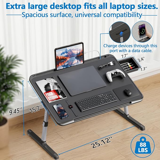 Potuopy Adjustable Laptop Lap Desk, Foldable Bed Table Tray Fit 17" Laptops | Portable Lap Desks for Adults with 8 Heights & Tilt & storage, Computer Laptop Stand for Painting & Writing on Couch Recliner - Image 2