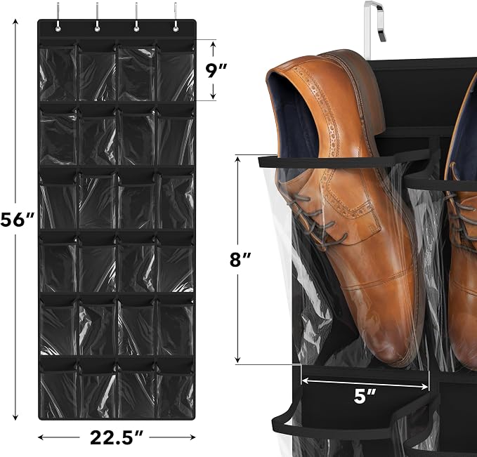 Simple Houseware 24 Pockets Large Clear Over the Door Shoe Organizer, Black | 56" x 22.5", 4 Durable Metal Hooks, 5" x 9" Pocket Size, Multipurpose - Image 2