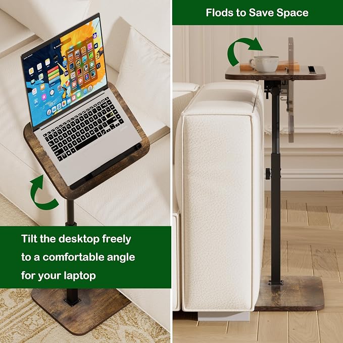 360° Swivel Sofa Side Table for Couch, Set of 2 | Adjustable Height, Laptop Table for Work, TV Trays Table for Snacks Reading, Fits Bed Chair, Phone & Tablet Slot - Image 7