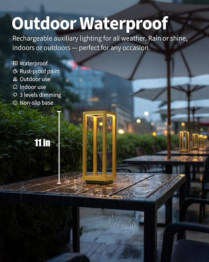 PUSU Cordless Waterproof Table Lamps, Gold Outdoor Rechargeable Desk Lamp | 4000mAh Battery Operated, 2700K 3-Level Dimmable, Portable LED Lighting for Patio, Camping, Bedroom, Night Light - Image 2