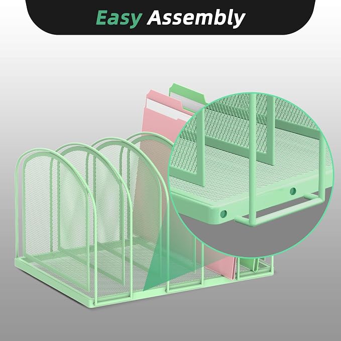 5-Section File Organizer for Desk, Metal File Folder Holder, Mint Green | 5 Vertical Compartments with Sturdy Metal Base for Office Documents Books Magazines and Laptop - Image 4