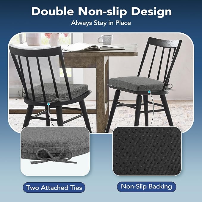 Chair Cushions for Dining Chairs, Non Slip Chair Pads with Ties and Washable Covers, Memory Foam Kitchen Chair Cushions Set of 4, 16"X16"X2.5", Dark Gray - Image 5