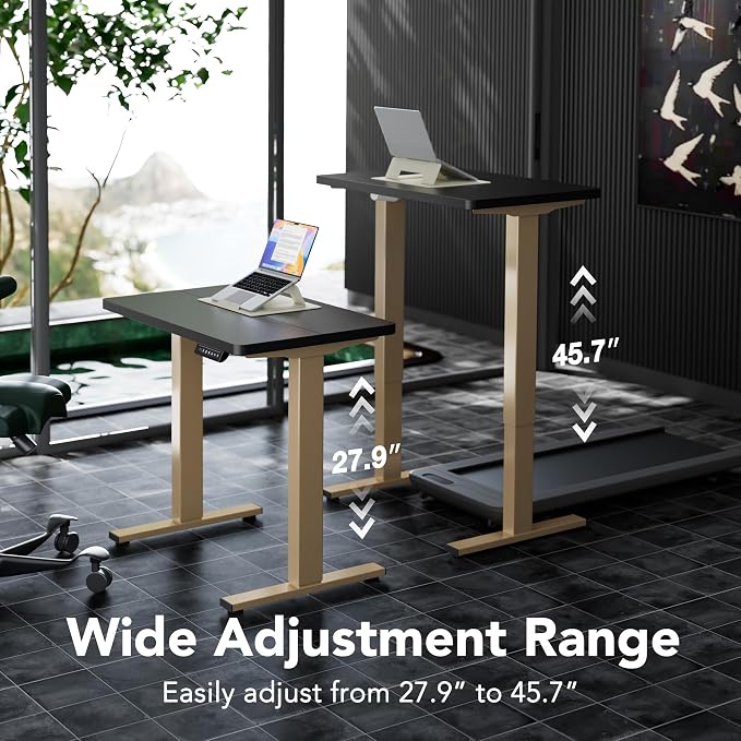 HUANUO 32" Small Electric Standing Desk Adjustable Height, 4 Memory Height Settings, Sit Stand Up Desk for Home Office & Computer Workstation, Black and Gold Frame | 176 Lbs Capacity, Rounded Corners, Wheel-Ready Feet, Compact Desktop, Apartment Worksp... - Image 3