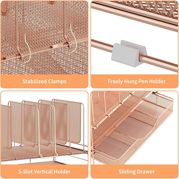 LEKETREE Rose Gold Desk Organizer, Office Organization with Vertical File Holder, File Organizer with Drawer and Office Supplies, Desk Accessories and Workspace Organizers (Rose Gold) - Image 5