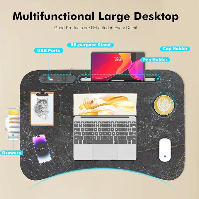 Lap Desk for Bed Adjustable Height, Foldable Bed Table with Storage Drawer, Tablet Slot & Cup Holder, Portable Laptop Stand for Bed & Sofa, Bed Desk for Adults & Kids, Deep Stone Color - Image 6