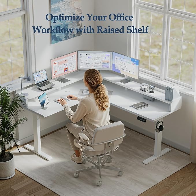 Klicelor L Shaped Electric Standing Desk 63 x 55 inch with Shelf, Height Adjustable Corner Desk, Sit Stand Desk with Storage Shelf, Home Office Computer Table, White - Image 3
