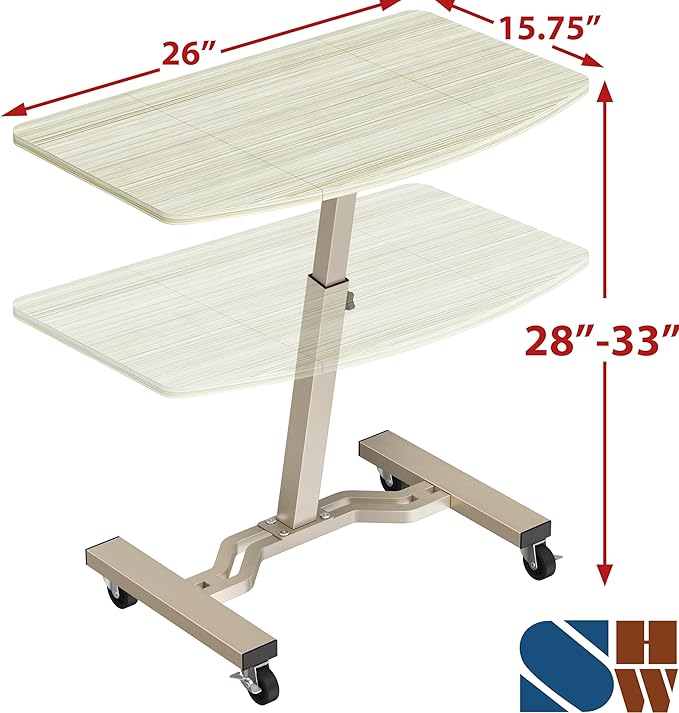 SHW Mobile Height Adjustable Laptop Rolling Cart w/Lockable Wheels, Maple | Height Adjustable from 28" to 33" - Image 3