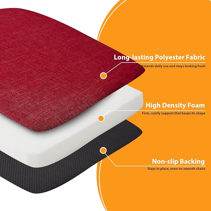 Ruqmuis Chair Cushions for Dining Chairs, 2" Thick Seat Cushions for Kitchen Chairs, D-Shaped Chair Pads with Washable Cover, Ties and Non Slip Backing, 17'' x 16'', Set of 6, Red - Image 4