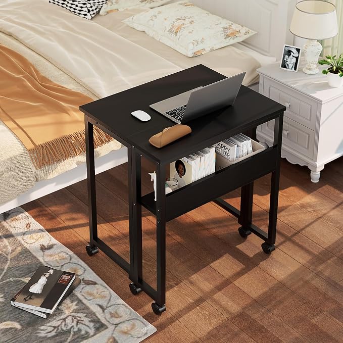 GreenForest Folding Desk with Wheels, 31.5" Rolling Table for Small Spaces | Storage Shelf, Lockable Casters, Compact Portable Workstation, Space-Saving Foldable Sofa Table, Home Office, Mobile, Black - Image 2