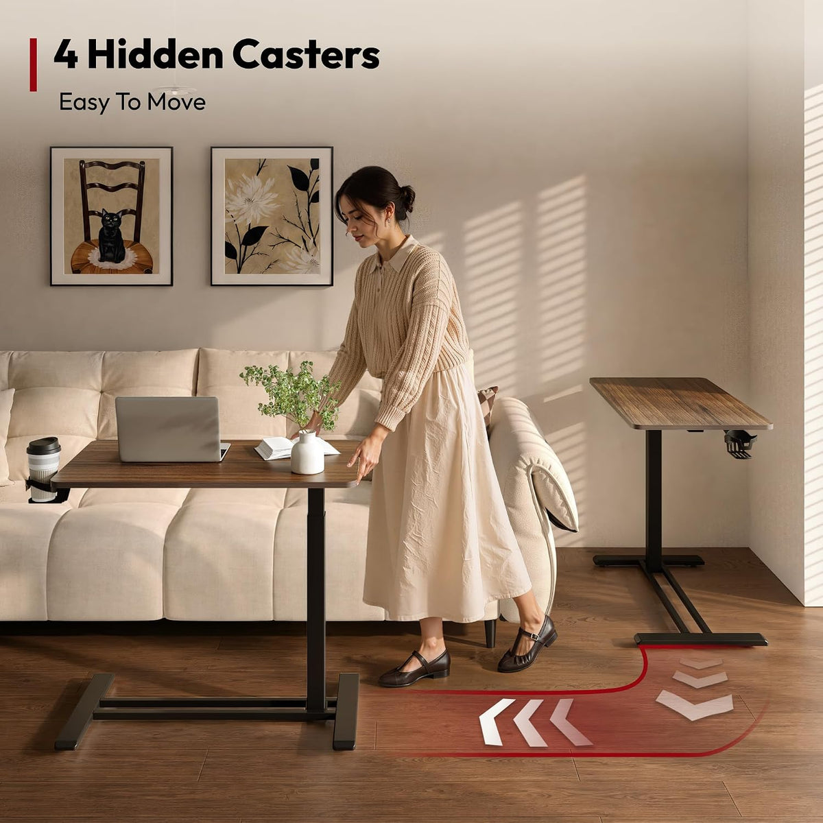 SANODESK 28''Pneumatic Adjustable Overbed Bedside Table with Hidden Casters - Image 6