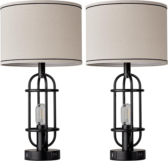 Reaketon Black Table Lamps for Living Room Set of 2, 22.3" Farmhouse Lamps for Nightstand, Industrial Table Lamps for Bedroom with USB Ports, Bulbs Included - Image 7