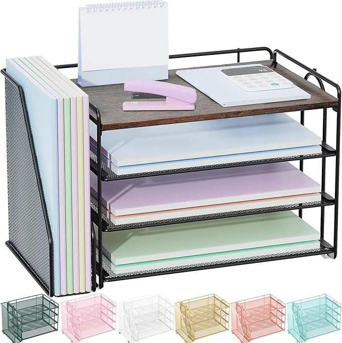 Spacrea 4 Tier Paper Organizer for Desk with File Organizer | Desk Organizers and Accessories Desk Accessories & Workspace Organizers for Office Supplies (Wood) by Spacrea
