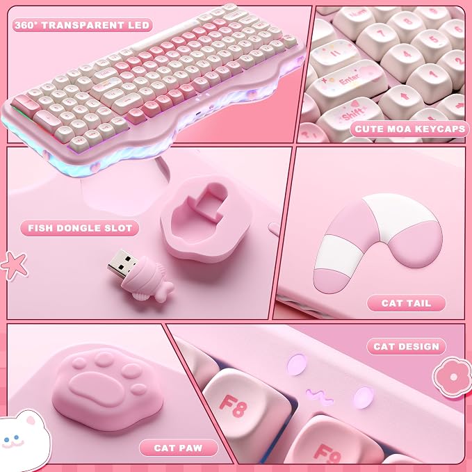 YUNZII C98 Cute Cake Wireless Mechanical Keyboard(Pink, Candy Switch) | 99 Keys with Number Pad, Hot Swap, PBT MOA Keycaps, BT5.0/2.4G/USB-C, Gasket Mount, Custom RGB Backlit for Win/Mac - Image 8