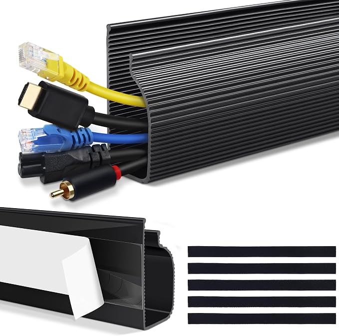 Cable Management Under Desk, 32in (2x15.75in) J Channel, Self Adhesive Cable Raceways Channel, Easy to Install Cord Cover Hider Desk Cord Organizer Electrical Black by ZhiYo