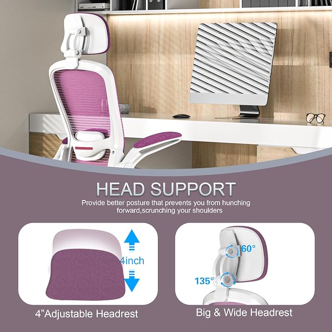Mimoglad Office Chair, High Back Ergonomic Desk Chair with Adjustable Lumbar Support and Headrest, Swivel Task Chair with flip-up Armrests for Guitar Playing, 5 Years Warranty - Image 3