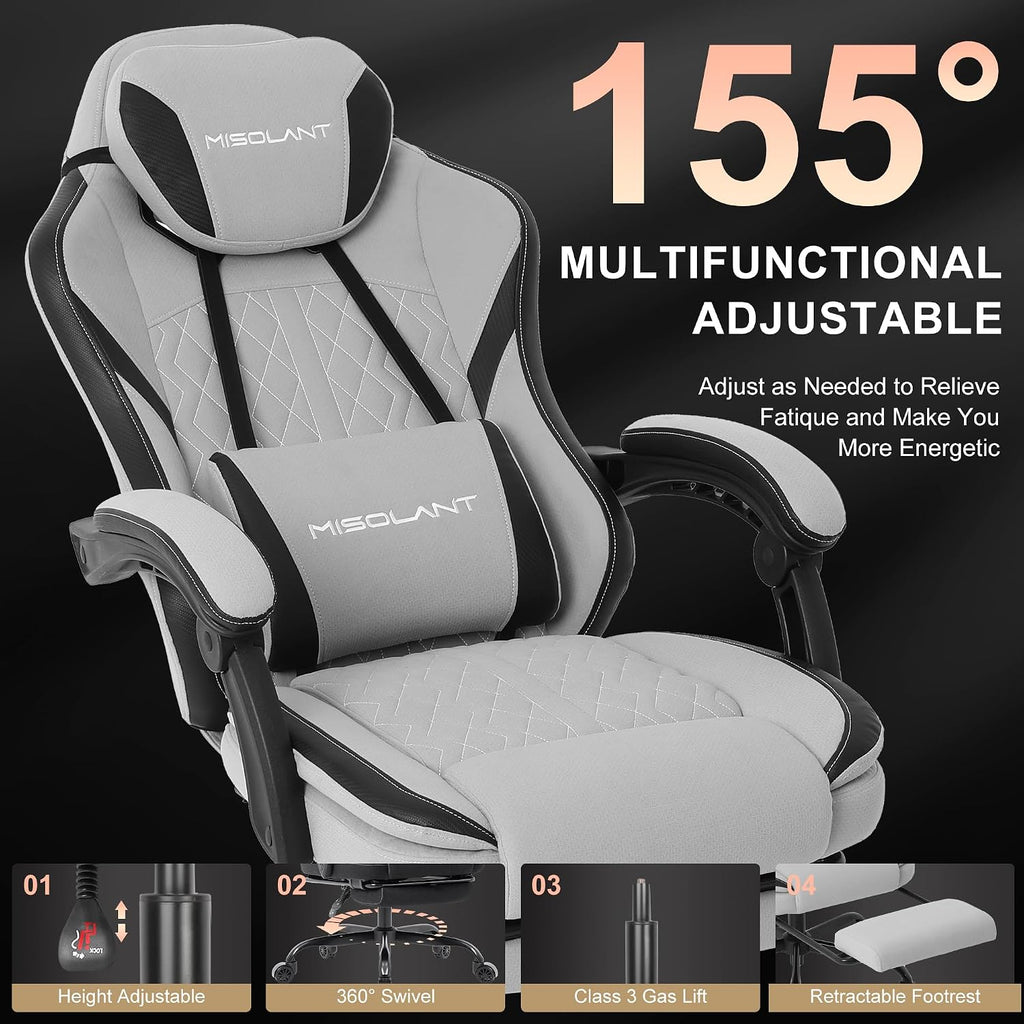 Misolant Gaming Chair, Fabric Gamer Chair with footrest for Adults, High Back Ergonomic Computer Game Chair with Adjustable Headrest and Massage Lumbar Support, 90-155° Recline Free, Gray - Image 4