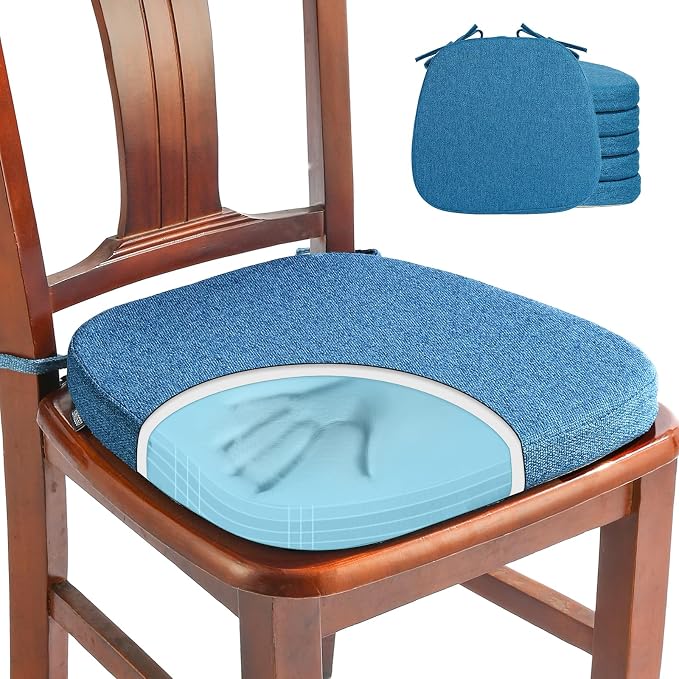 SINOSSO 6 Pack Memory Foam Chair Cushions for Dining Chairs, Friendly Woven Fabric 16" U-Shape Comfortable Kitchen Chair Pads, Removable Slip Resistant Seat Cushions (Set of 6, Blue) by SINOSSO