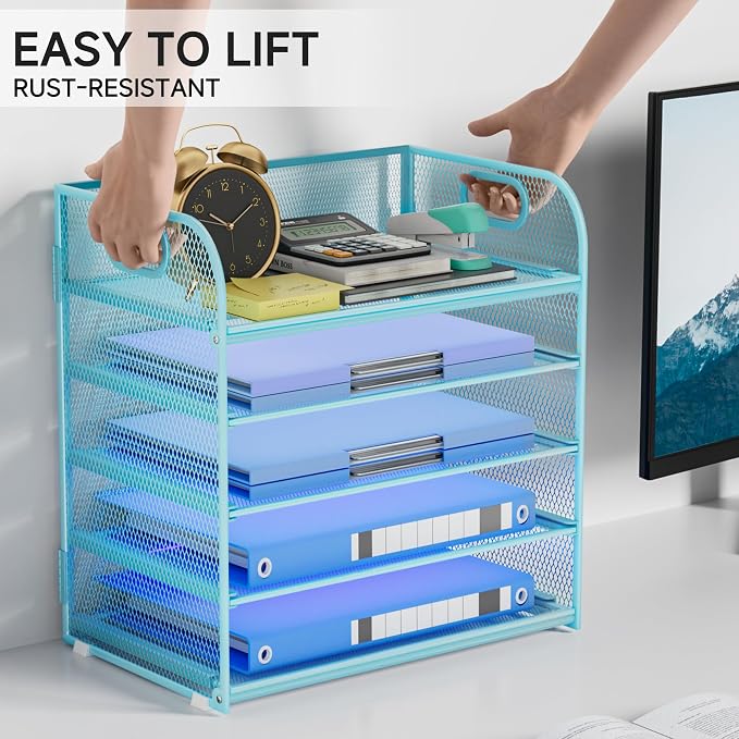 Paper Organizer Letter Tray with Handle Mesh 5-Tier | Stackable Desk Organizer for Files/Paper/Office Supplies, Sturdy Carbon Steel Desk Organizer for Home Office & Classroom - Image 4