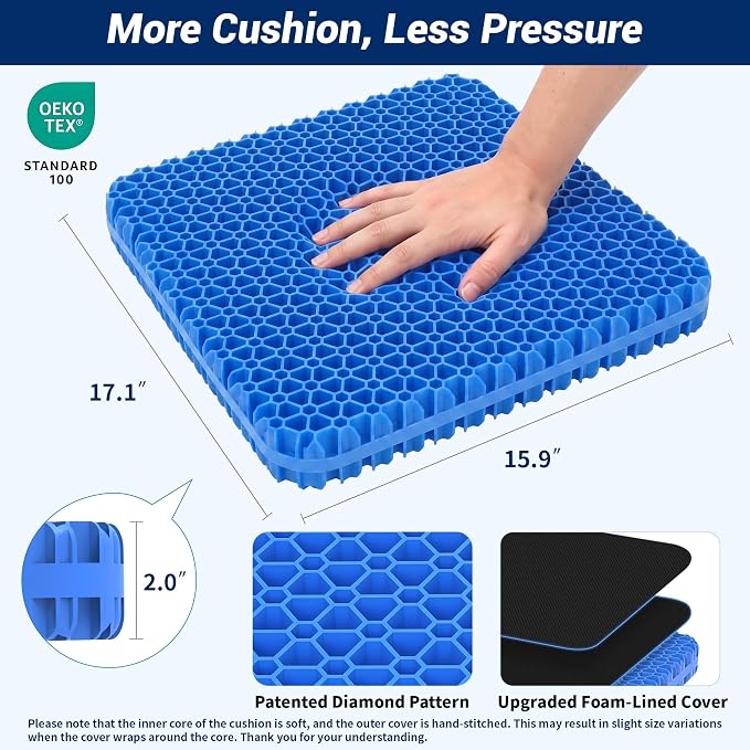 Gel Seat Cushion for Office Chair, Car Seat, X-Large, Black | Cooling Breathable Chair Pad for Long Sitting, Sciatica, Tailbone, Coccyx Support, for Wheelchair, Airplane, Gaming Chair - Image 2