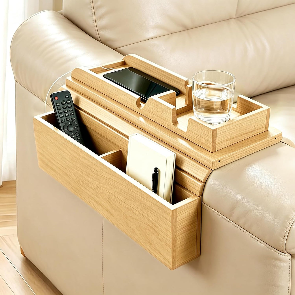 Couch Arm Tray,Foldable Sofa Caddy with Cup Holder,Natural by GANKTOWCOY