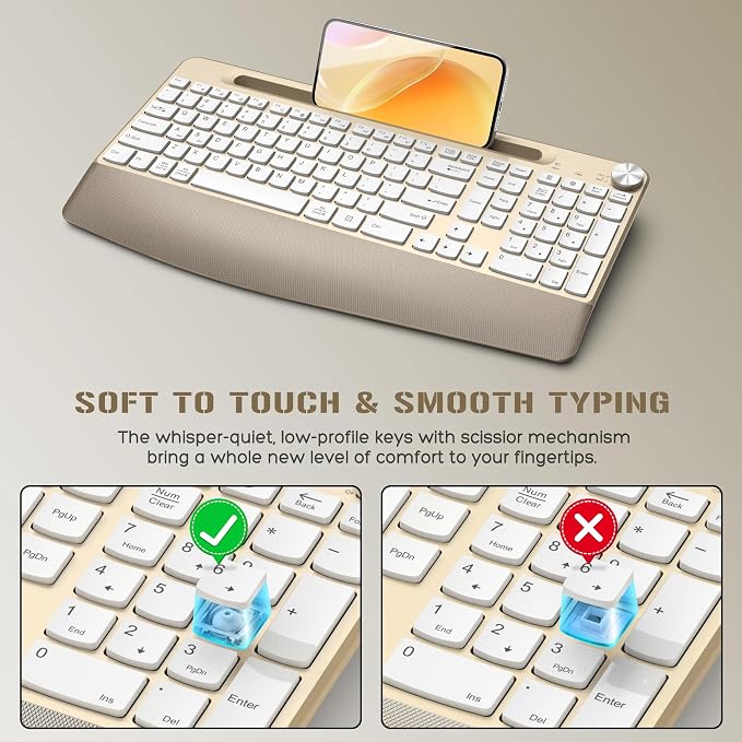 JOYACCESS Ergonomic Wireless Keyboard and Mouse Combo, Full-Sized Keyboard with Wrist Rest and Tablet Holder, Volume Roller for Computer PC Laptop-Gold&White - Image 3