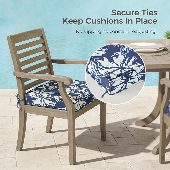 UNIKOME Outdoor Chair Cushions Set of 4, Water Resistant Patio Seat Cushions with Ties for Outdoor Furniture, High-Density Foam, UV & Fade Resistant, Piped Edge – 19" x 19" x 3", Blue-White Flower - Image 5