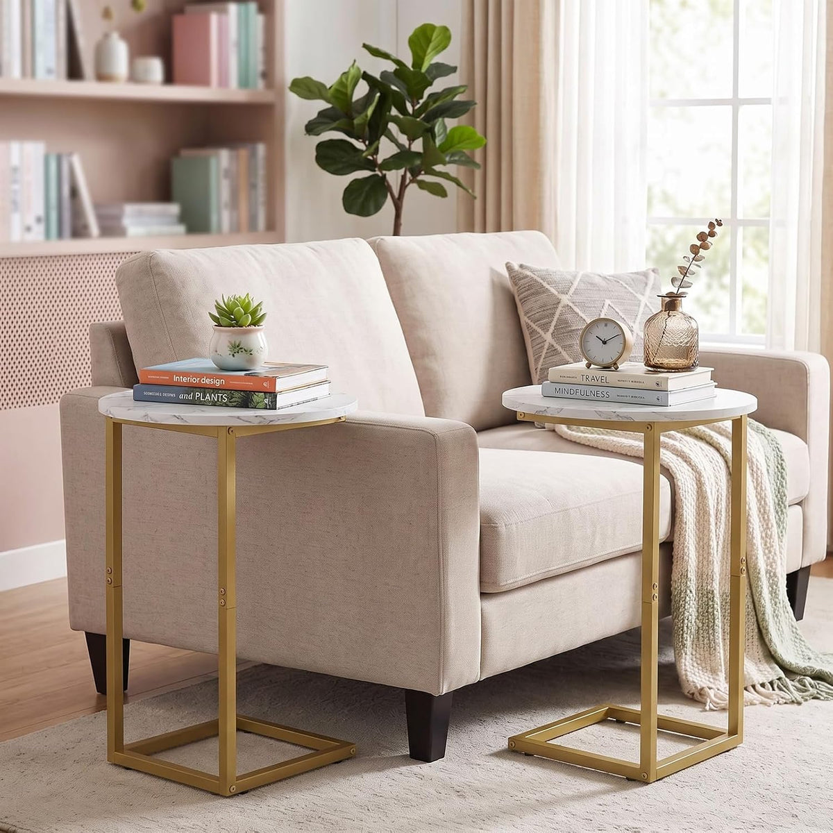 C Shaped End Table, Oval Couch Side Tables for Living Room, Sofa End Table with Metal Frame, Small Wooden Snack Table for Bedroom, Small Spaces, Easy Assembly 2Pcs(Whlite+Gold) - Image 2