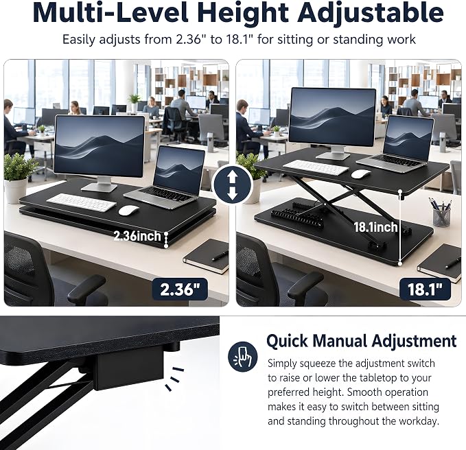 Height Adjustable Standing Desk Converter, 25.16" x 15.75", Black | Ready to Use Desk Riser for Laptop and Monitor, Sit Stand Workstation for Office, Bedroom and Living Room - Image 4