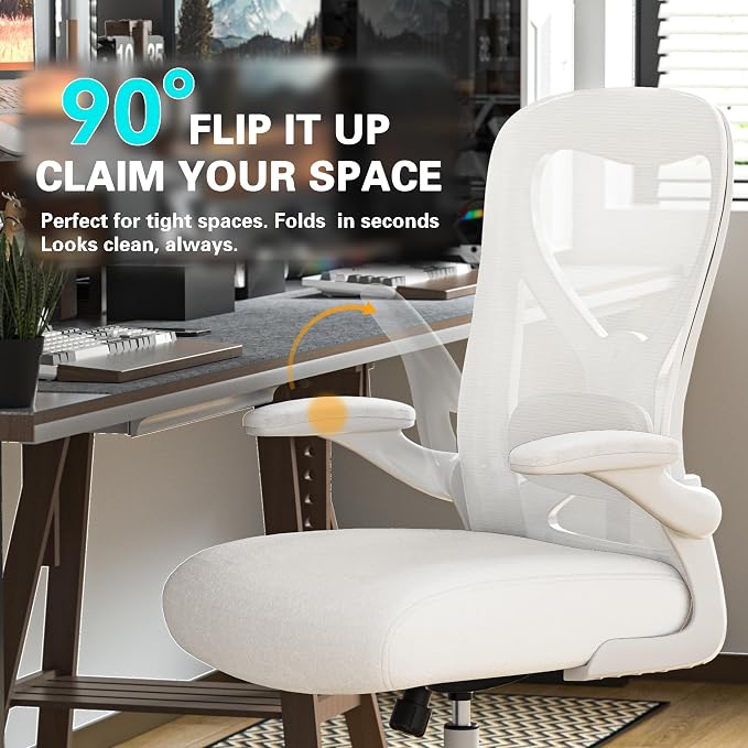 Ergonomic Home Office Chair, 4-Way Lumbar, Thick Cushion, 330LBS | Adjustable Lumbar (up/down/in/out), Rocking Mesh Back, Flip-up Arms, Easy Assembly, Ideal for home offices & small workspaces - Image 5