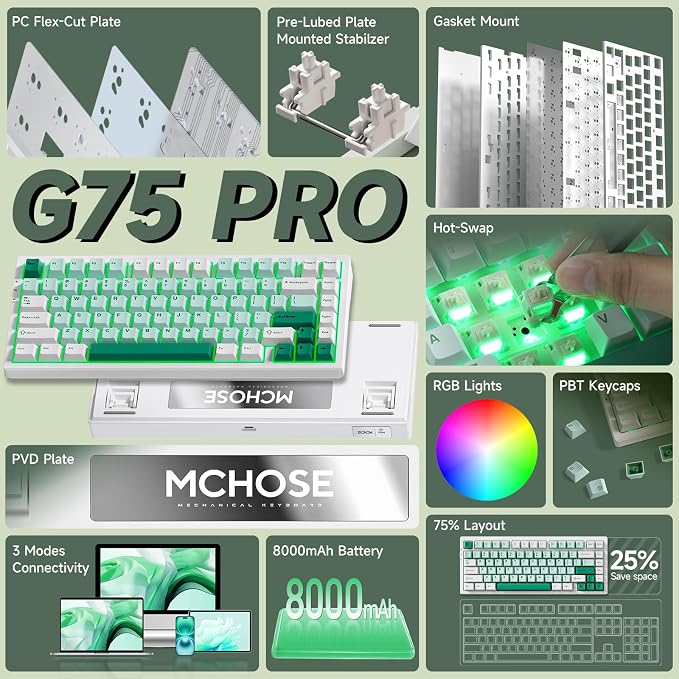 MCHOSE G75 PRO 75% Wireless Mechanical Keyboard, TKL Keyboards Tri-Mode BT5.0/2.4GHz/USB-C, Hot Swap Custom Creamy Keyboards Linear Switch, Double Shot PBT Keycaps RGB LED Backlit, White&Green - Image 3